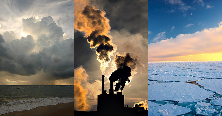 three photo collage of cloudy beach, smoke stacks, and a frozen lake