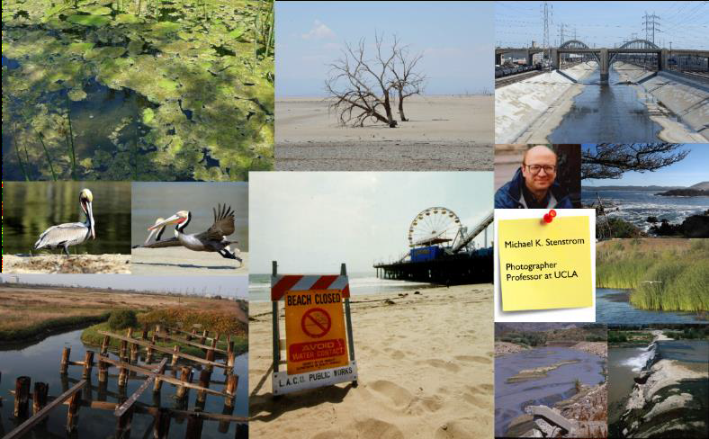 collage of lakes, a bridge, a beach, and birds, with photo of Professor Stenstrom and sticky note with text "Michael K. Stenstrom Photographer Professor at UCLA"