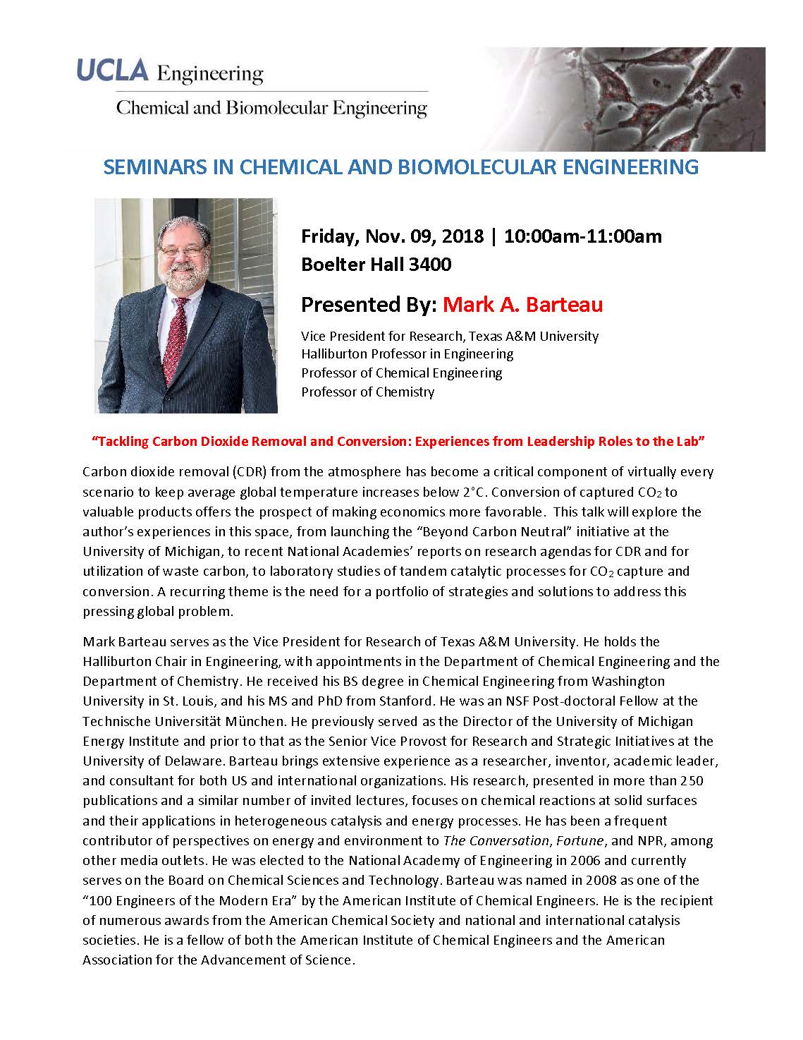 Seminar of Interest – Mark A. Barteau and Chemical & Biomolecular Engineering