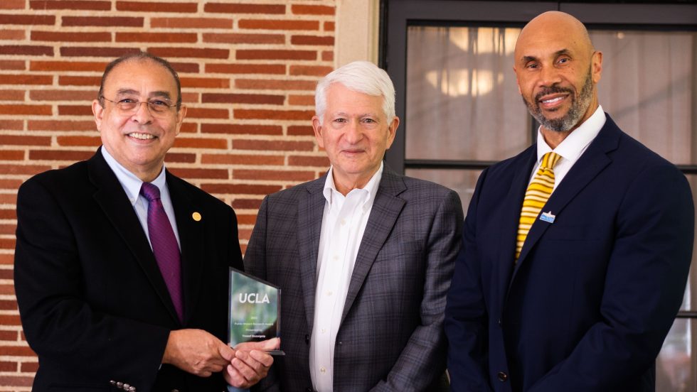 CEE Prof. Yousef Bozorgnia with UCLA Chancellor Block and EVCP Hunt