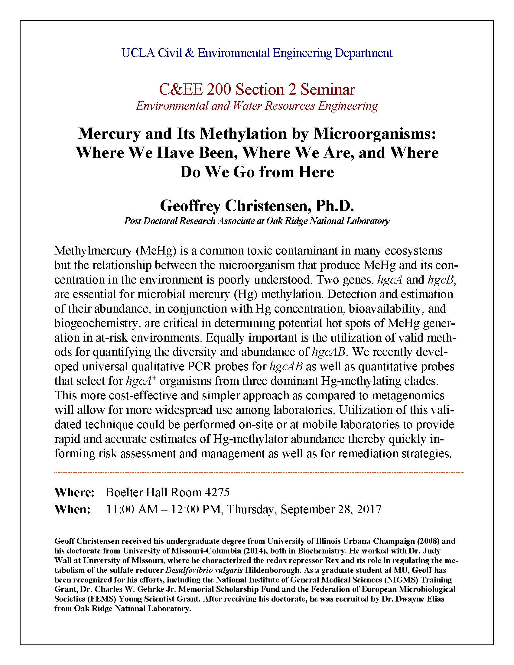 CEE 200 Seminar - Mercury and Its Methylation by Microorganisms: Where We Have Been, Where We Are, and Where Do We Go from Here