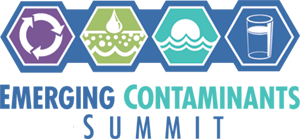 Emerging Contaminants Summit logo with four icons along top - recycle, water, sunrise on ocean, and water in glass