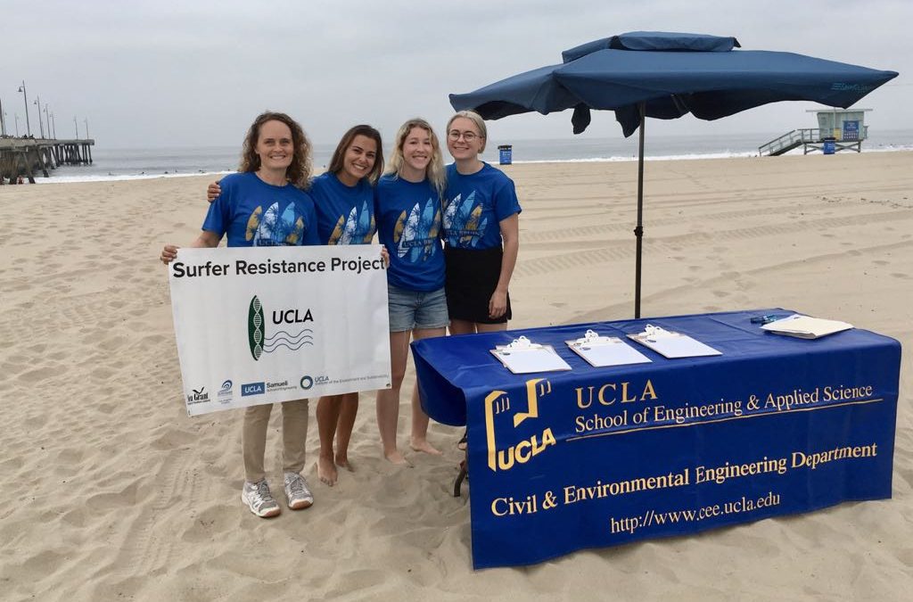 Jenny Jay and three female students smile and pose on the beach behind a table with a UCLA Civil and Environmental Engineering Department table cloth on it, holding a sign that says "Surfer Resistance Project UCLA" with a Surfboard icon on it
