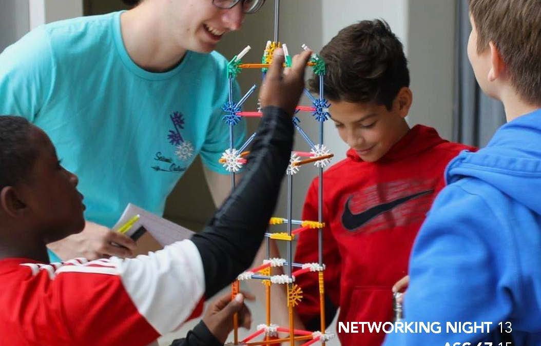 young man and three children build tower with plastic pieces. Text overlaid reads "ASCE BRUIN WINTER 2018 NETWORKING NIGHT 13 ASC 67 15 STEEL BRIDGE 26"