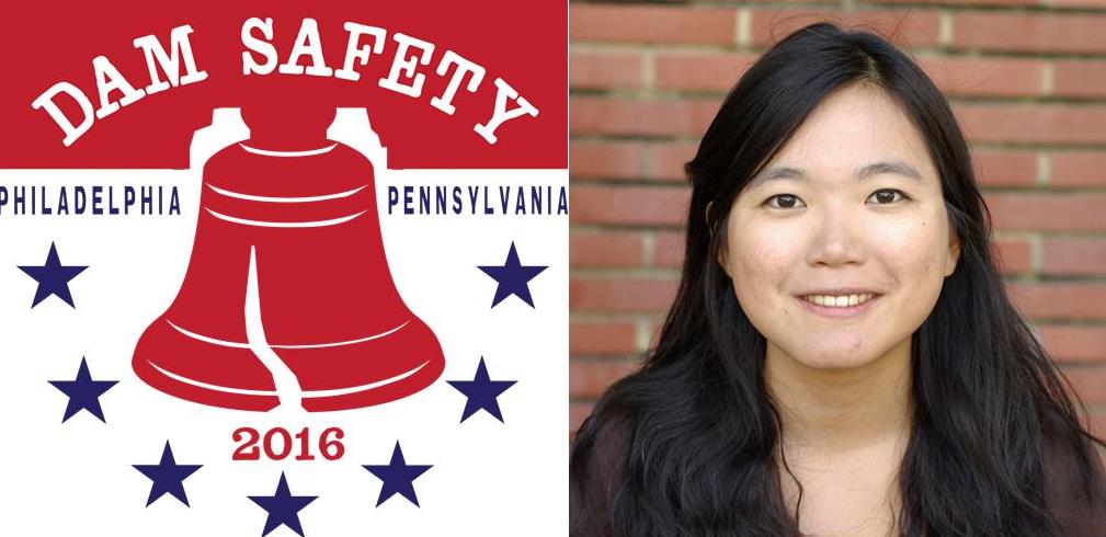 Yi Tyan Tsai headshot to the right of image of red Liberty Bell and stars with text "Dam Safety Philadephia Pennsylvania 2016"