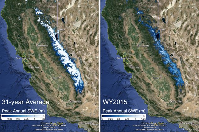 satellite map of Sierra Nevada 31-year average and WY 2015
