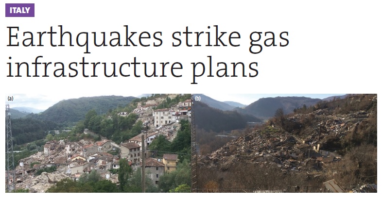 destroyed structures and houses with text above "ITALY Earthquakes strike gas infrastructure plans"
